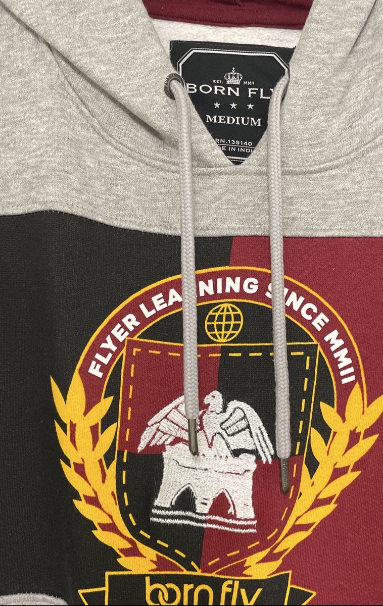 Born Fly Men's Grey Colorblock Crest Logo Pullover Hoodie Sz M