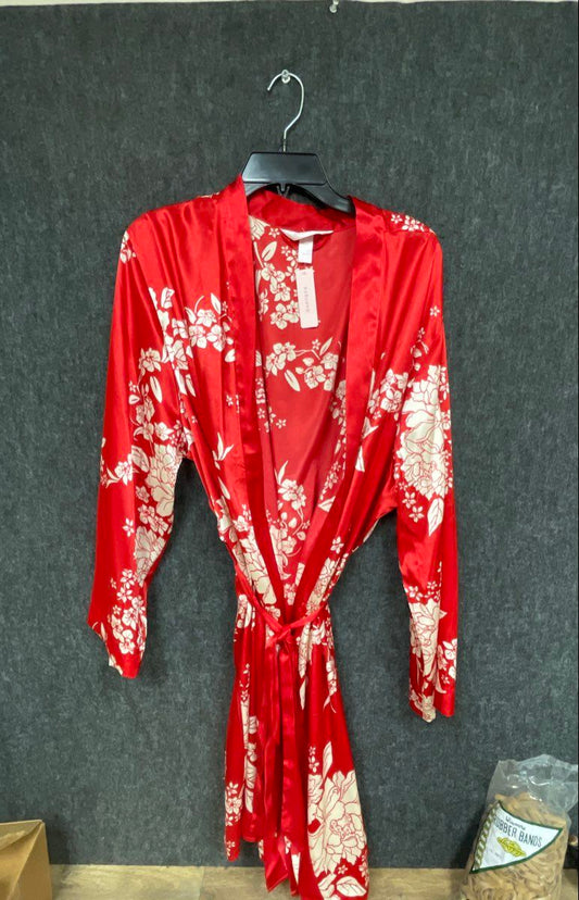 Cacique Women's Red White Floral Print Satin Wrap Robe Sz 18/20 NWT