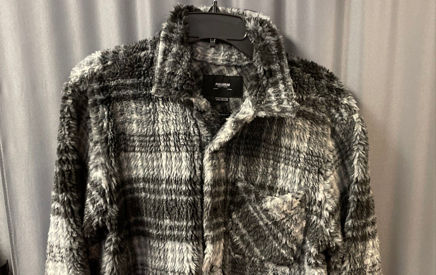 Pull & Bear Men's Grey Black Plaid Fleece Button Up Shirt Jacket Relaxed Sz S