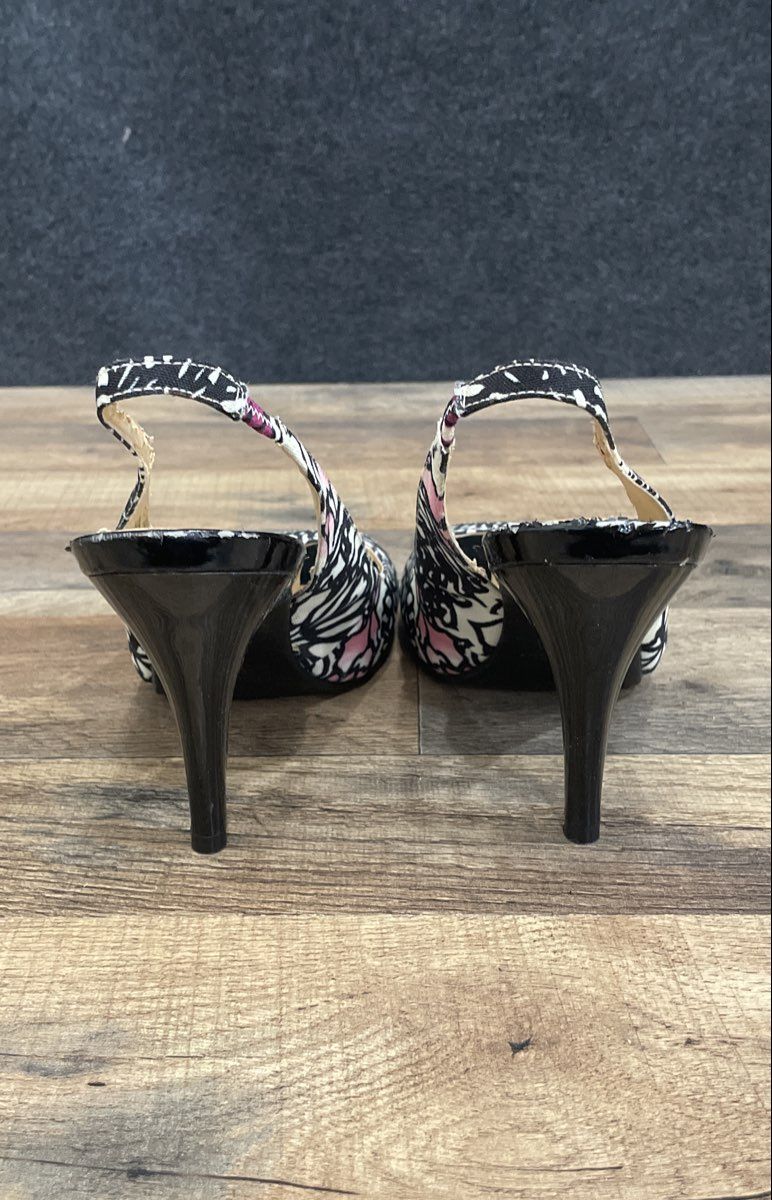 Nine West Lambert White Black Floral Peep Toe Slingback Heels Women's Size 8.5