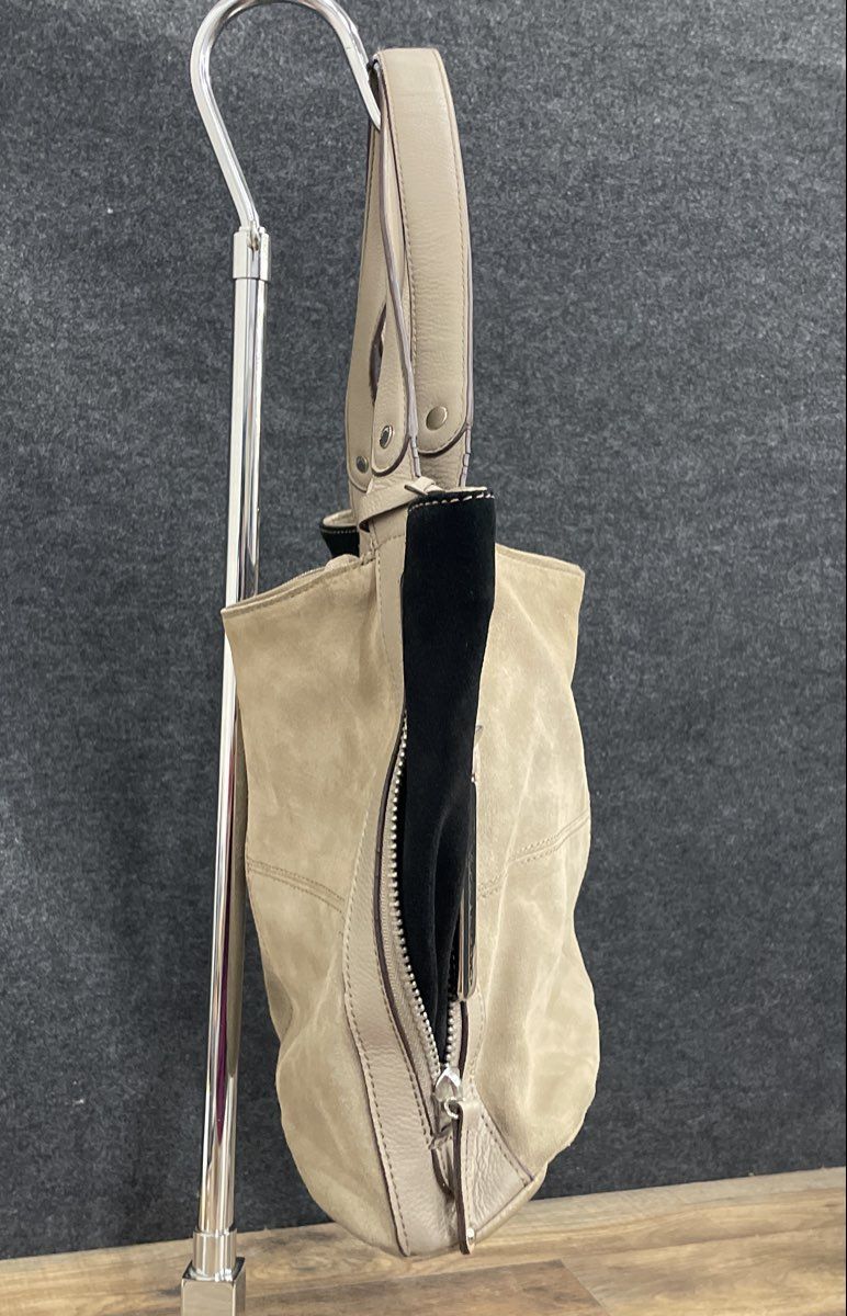 Tignanello Grey Pebbled Leather Suede Hobo Shoulder Bag Large Silver Hardware