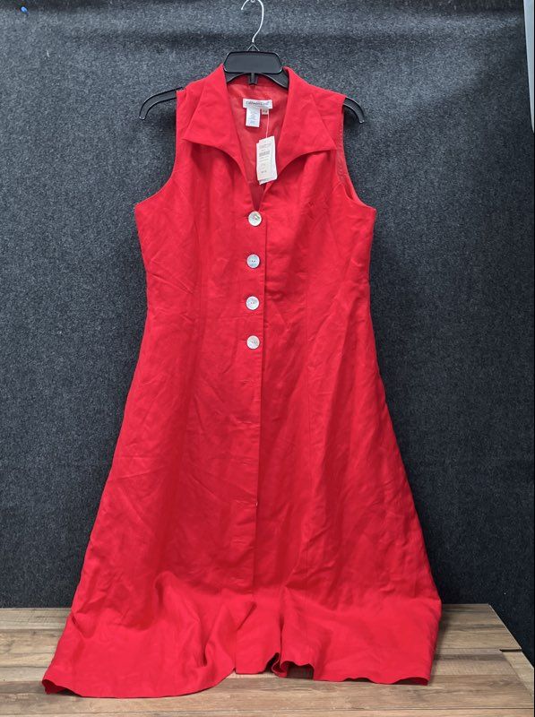Coldwater Creek Women's Red Linen Blend Button Front Midi Dress Sz P16 NWT