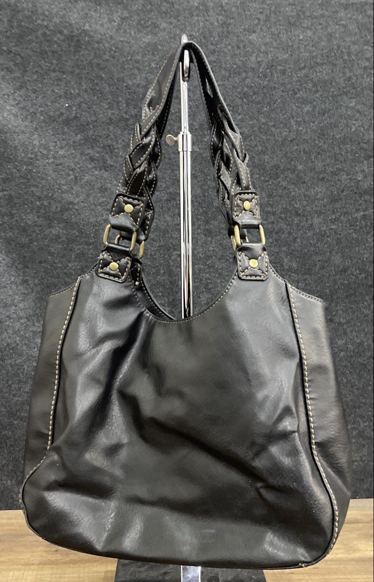 Black Leather Hobo Shoulder Bag Braided Straps Contrast Stitching Knot Charms