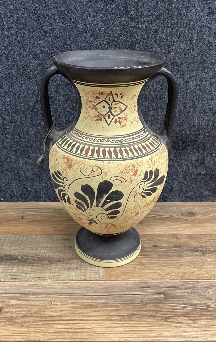 Vintage Pandora Handmade Greek Terracotta Amphora Vase Attic Black Figure Style