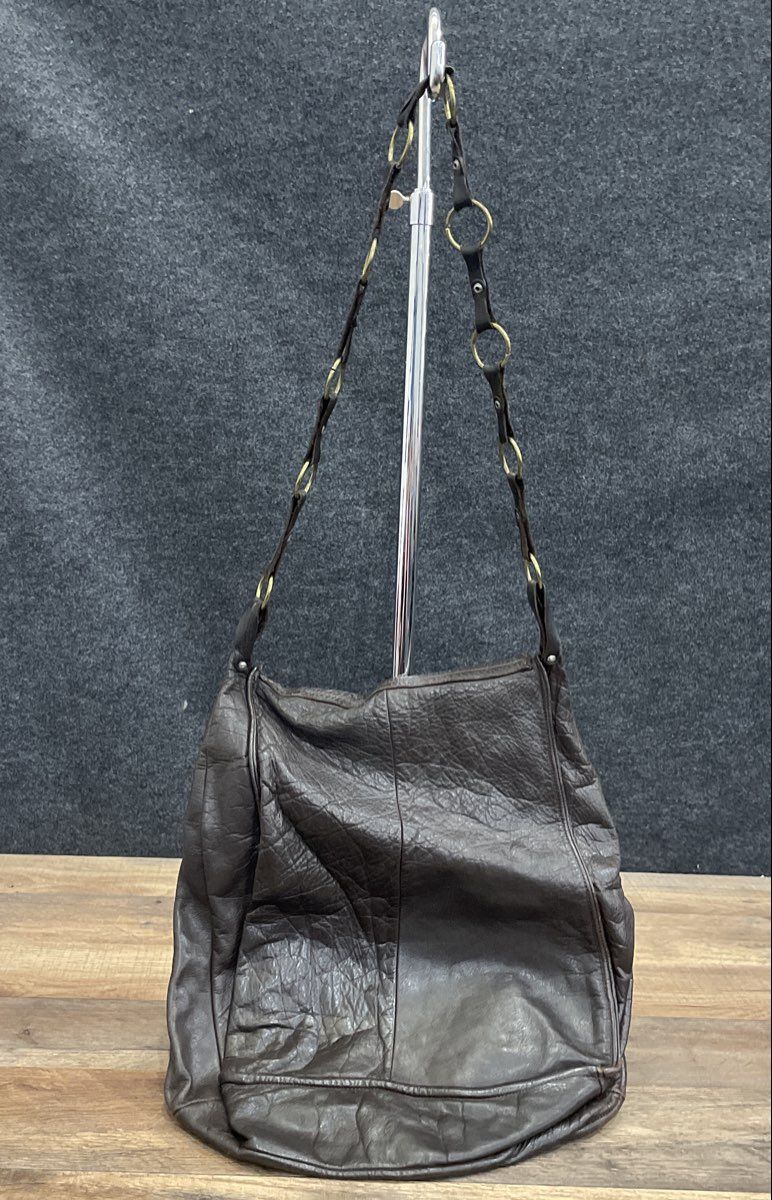 Vintage Dark Brown Distressed Leather Hobo Shoulder Bag Brass Ring Hardware