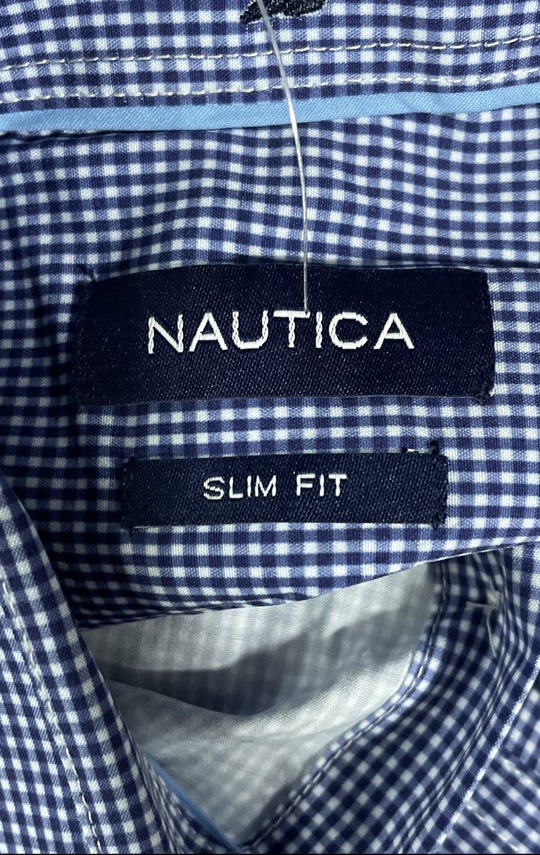 Nautica Men's Blue White Check Slim Fit Stretch Button Down Shirt Sz S NWT