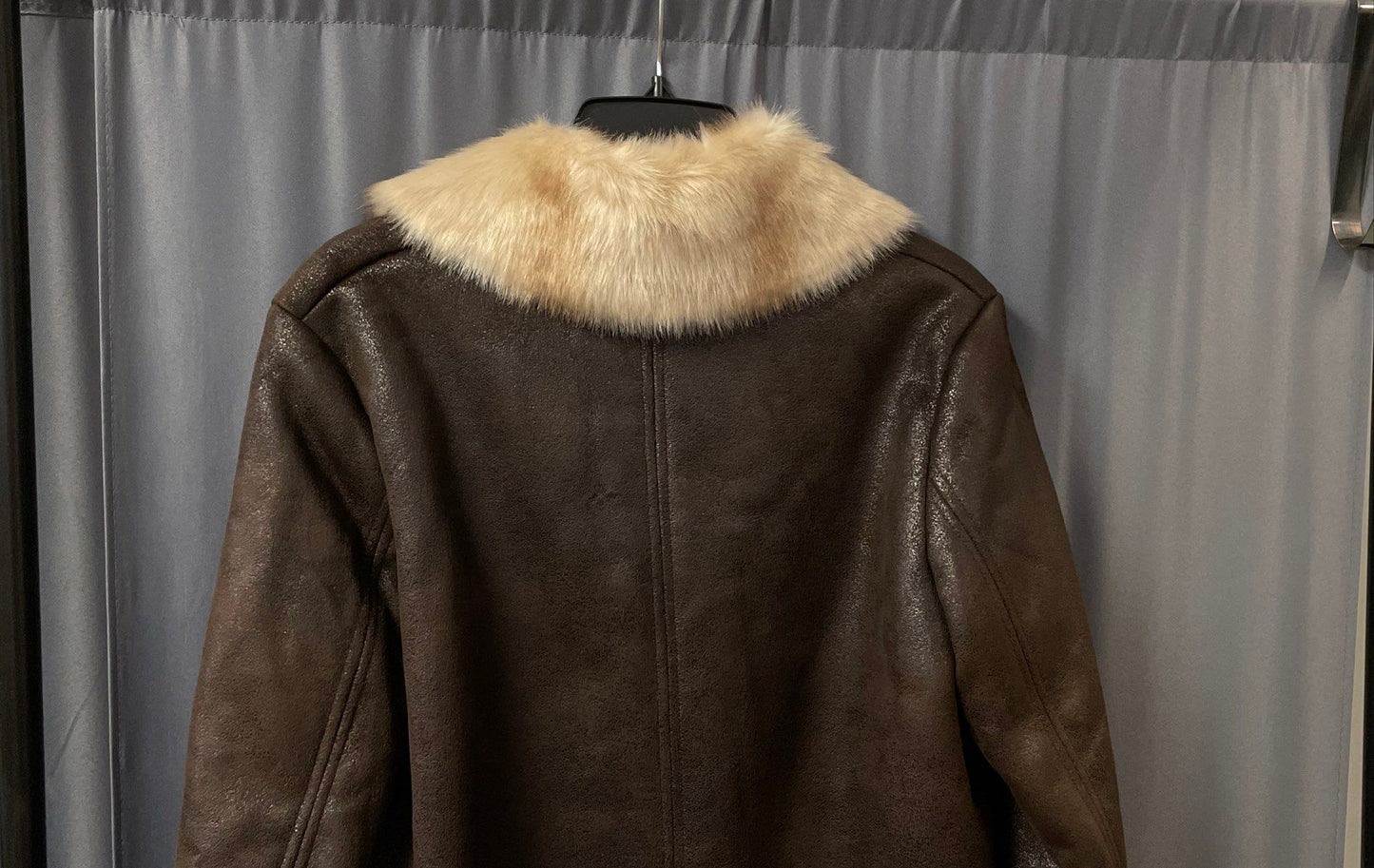 Vince Camuto Women's Brown Faux Suede Fur Trim Shearling Style Jacket Sz S