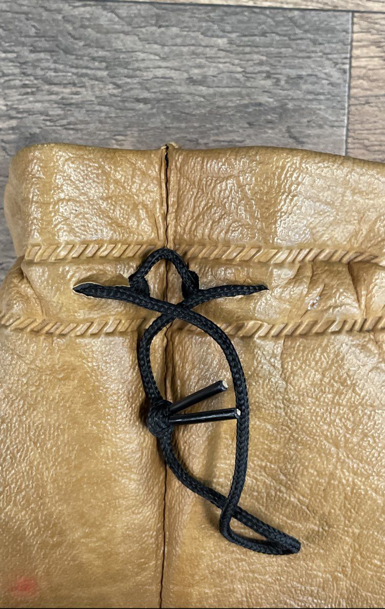 Vintage Tan Leather Fringe Drawstring Pouch Bag Western Boho Festival
