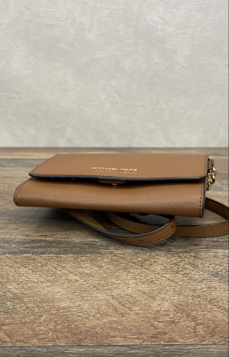 Michael Kors Brown Saffiano Leather Crossbody Bag Gold Hardware Wallet on Chain