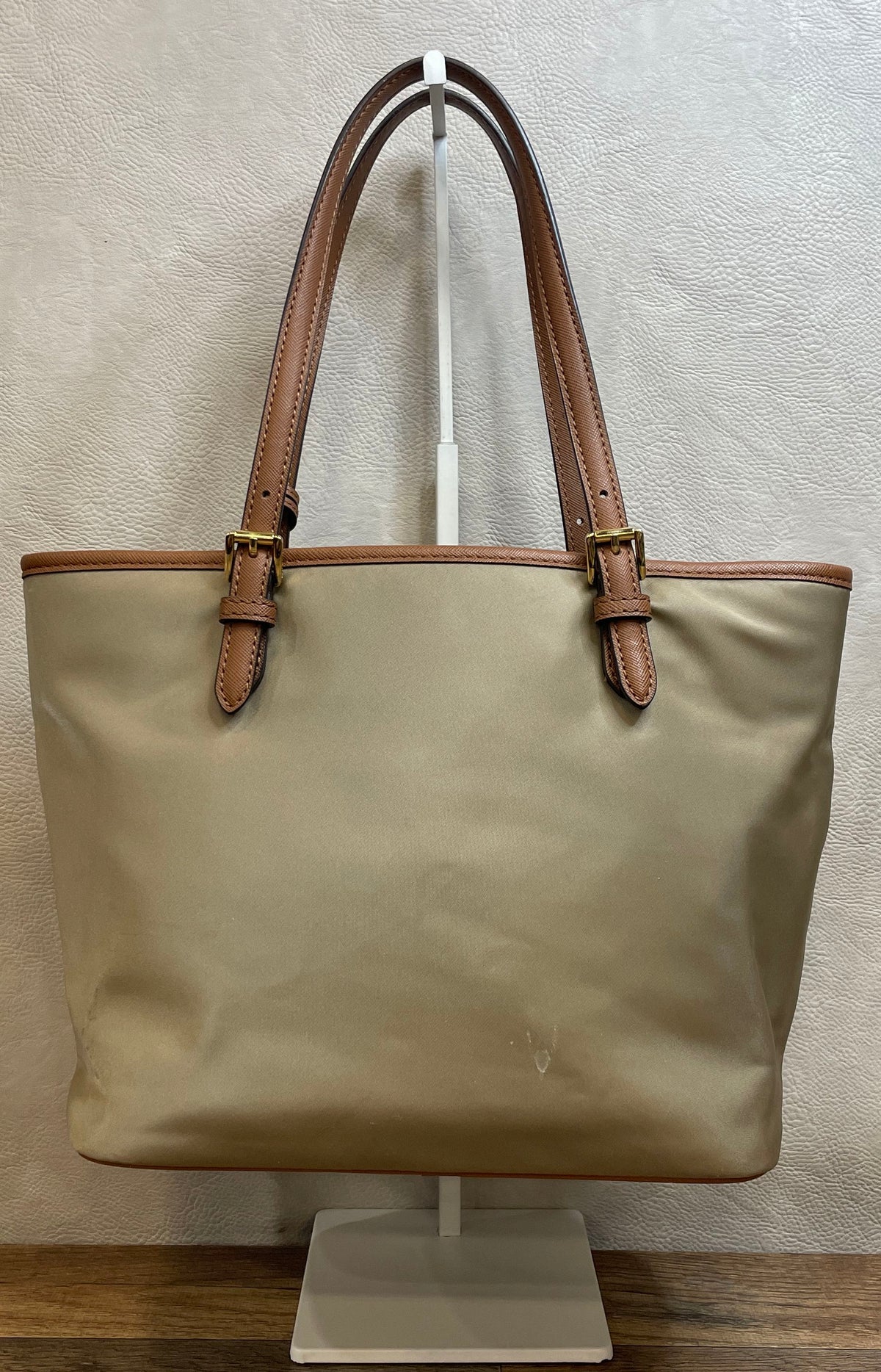 Michael Kors Beige Nylon Brown Leather Trim Tote Bag Gold Hardware MK Charm