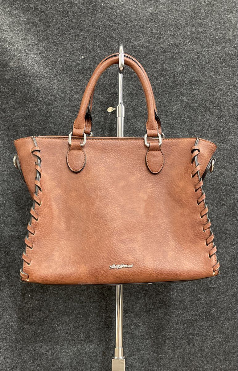 Lady Conceal Brown Leather Satchel Handbag Laced Trim Multi-Pocket