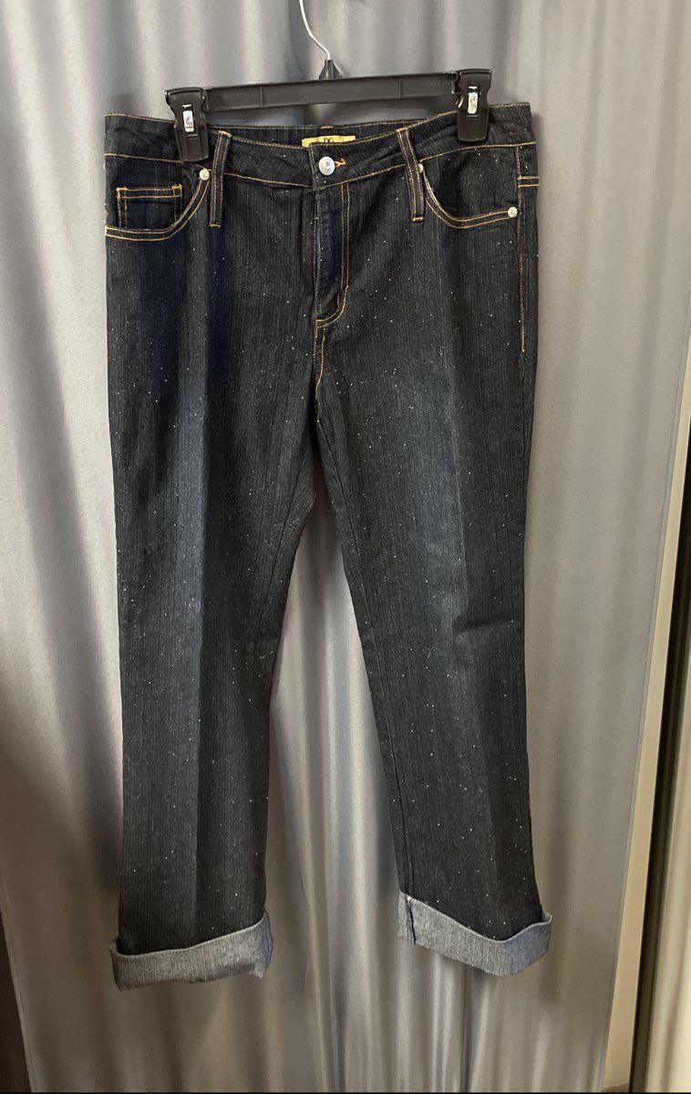 Drama Gold Women's Blue Sparkle Glitter Dark Wash Cuffed Jeans Size 12