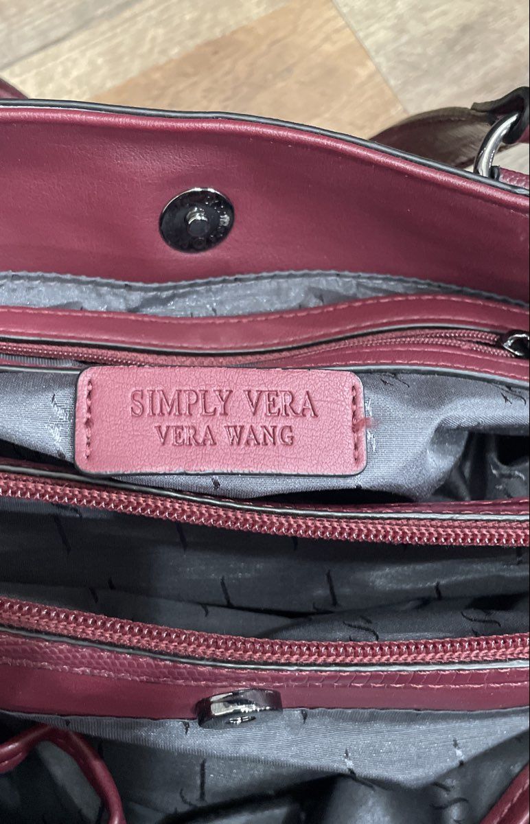 Simply Vera Vera Wang Maroon Faux Leather Triple Compartment Satchel Handbag