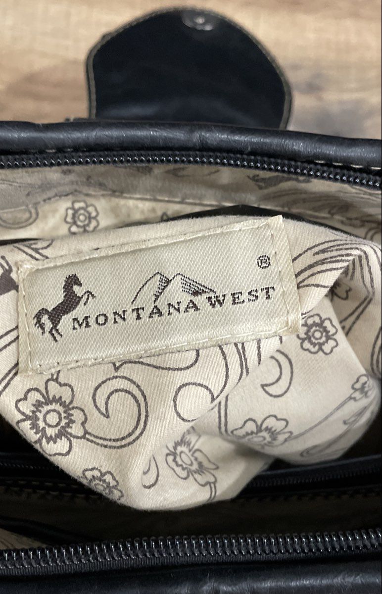 Montana West Black Brown Tooled Leather Western Studded Shoulder Tote Bag