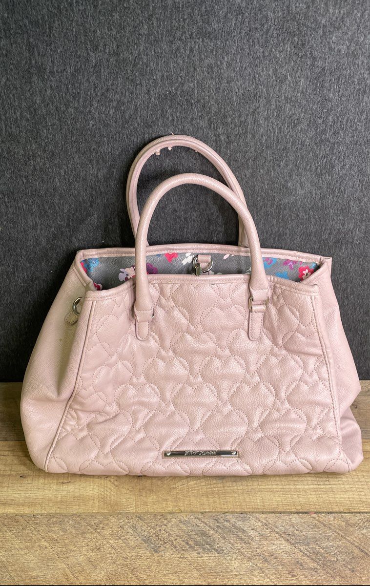 Betsey Johnson Pink Quilted Heart Faux Leather Bow Satchel Tote Bag Heart Lock