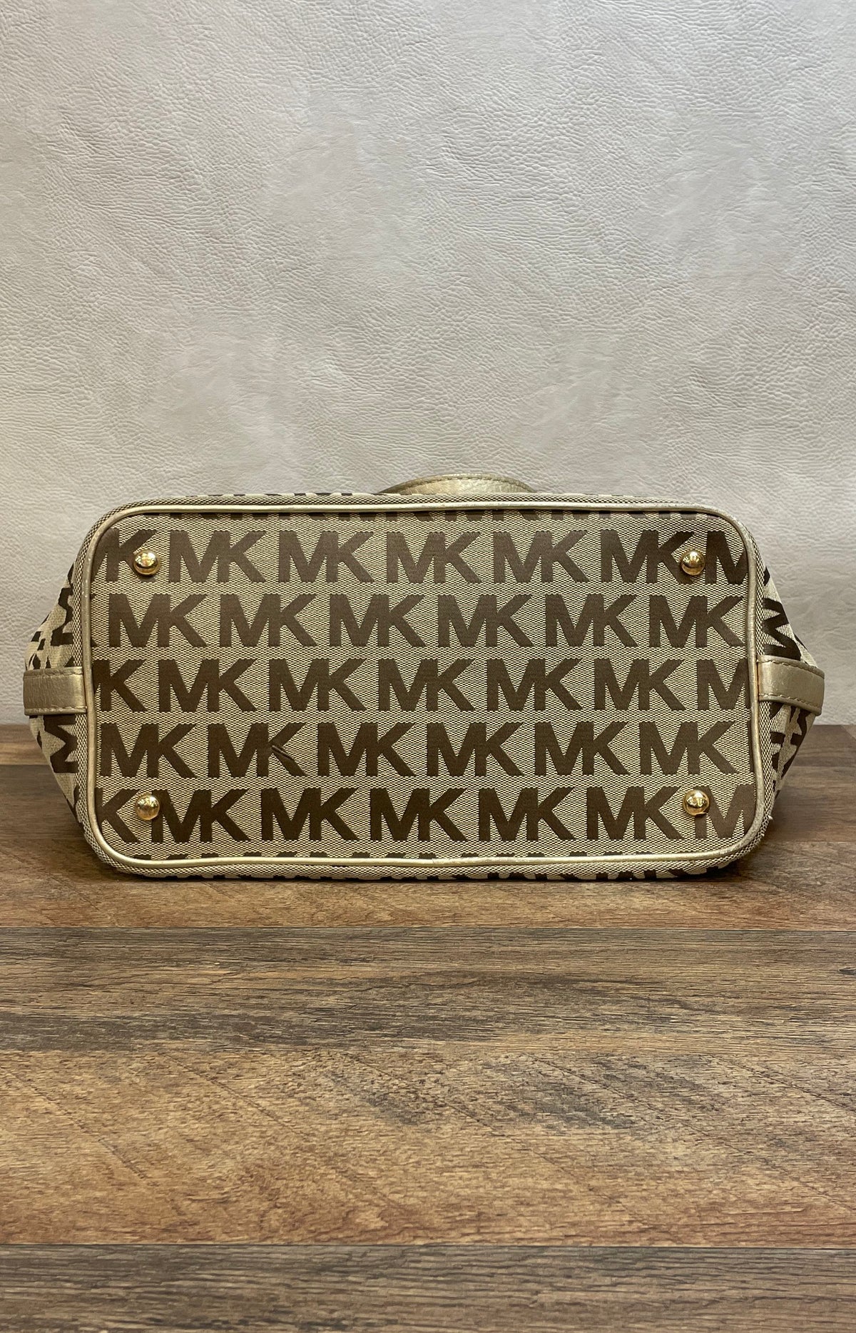 Michael Kors Gold Beige Signature Monogram Tote Bag Metallic Trim Gold Hardware