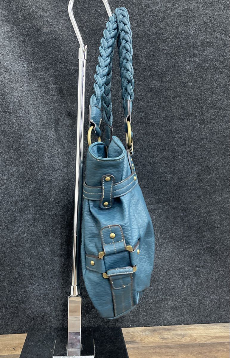 Teal Blue Leather Hobo Shoulder Bag Braided Handles Brass Hardware