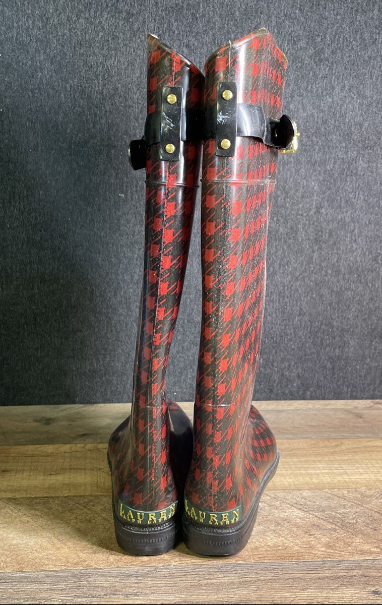 Lauren Ralph Lauren Rossalyn II Red Black Houndstooth Rain Boots Size 6