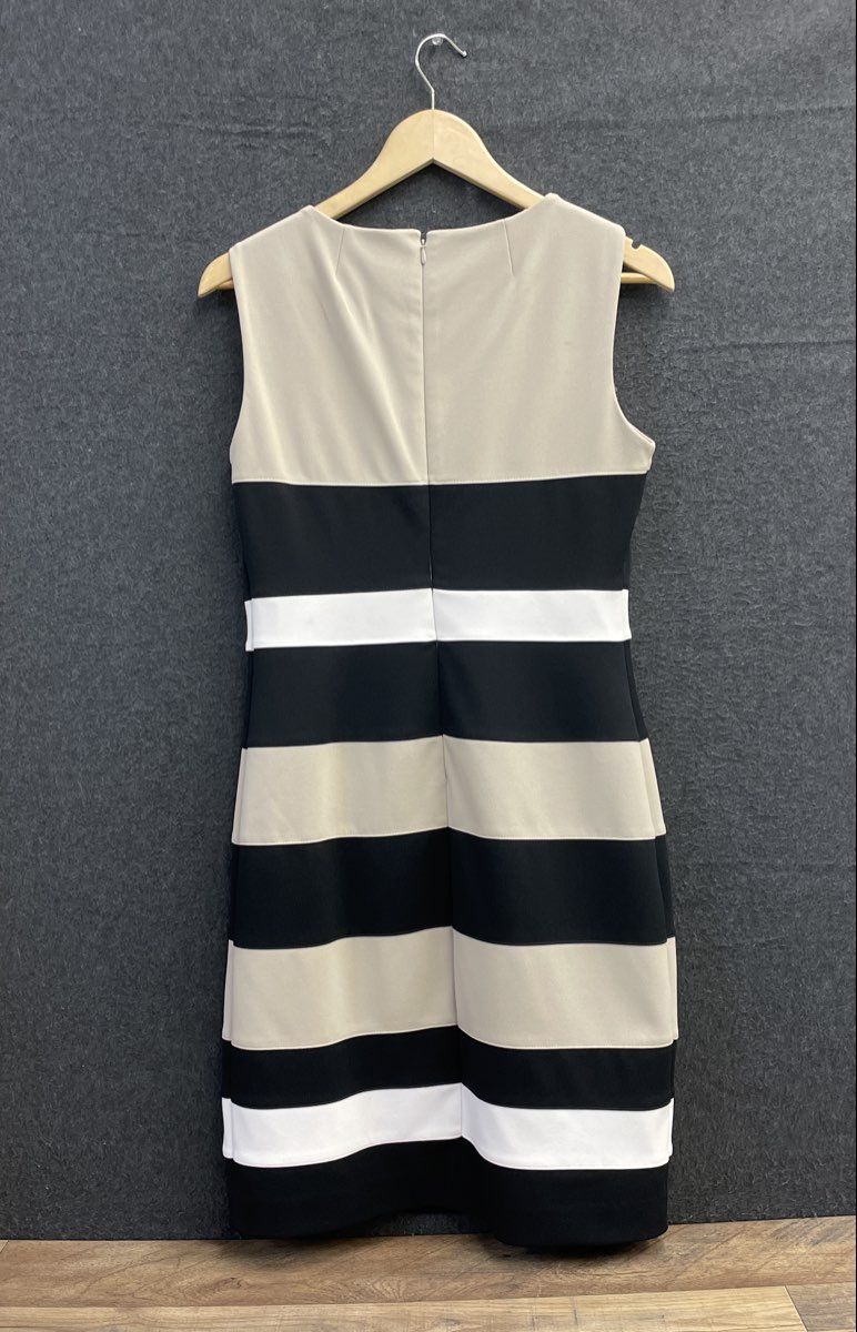 Tommy Hilfiger Women's Sleeveless Striped Sheath Dress Black White Tan Sz 6