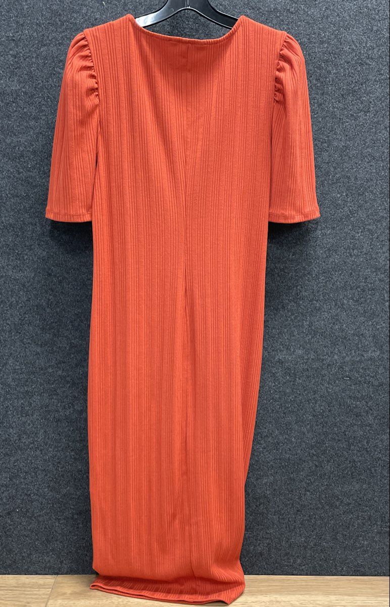 Nine West Women's Burnt Orange Ribbed Knit Midi Dress Puff Sleeve NWT XL