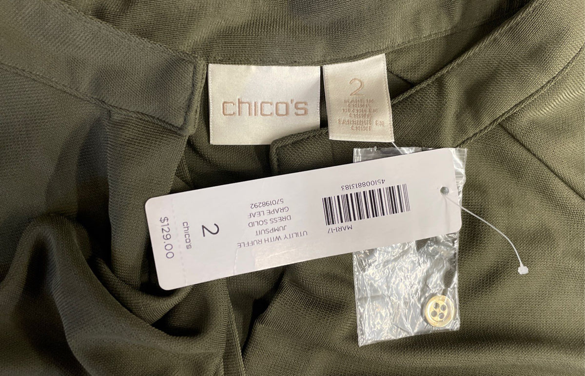Chico's Women's Utility Ruffle Jumpsuit Grape Leaf Green Wide Leg Sz 2 NWT