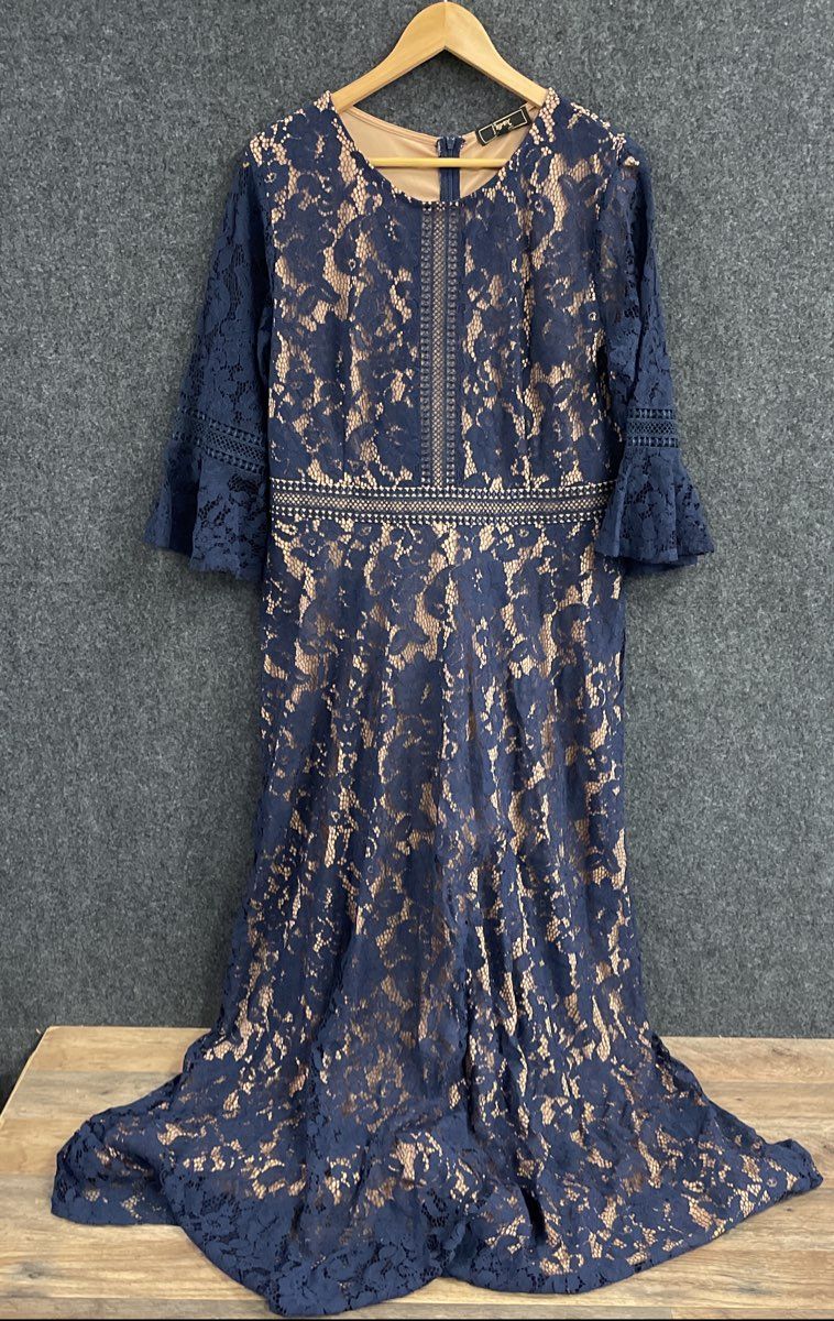 Missmay Women's Navy Blue Floral Lace Bell Sleeve Lattice Trim Dress NWT Sz 2XL