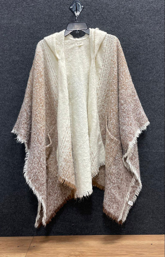 World Market Women's Hooded Cape Poncho Tan Cream Marled Fringe Pockets OS