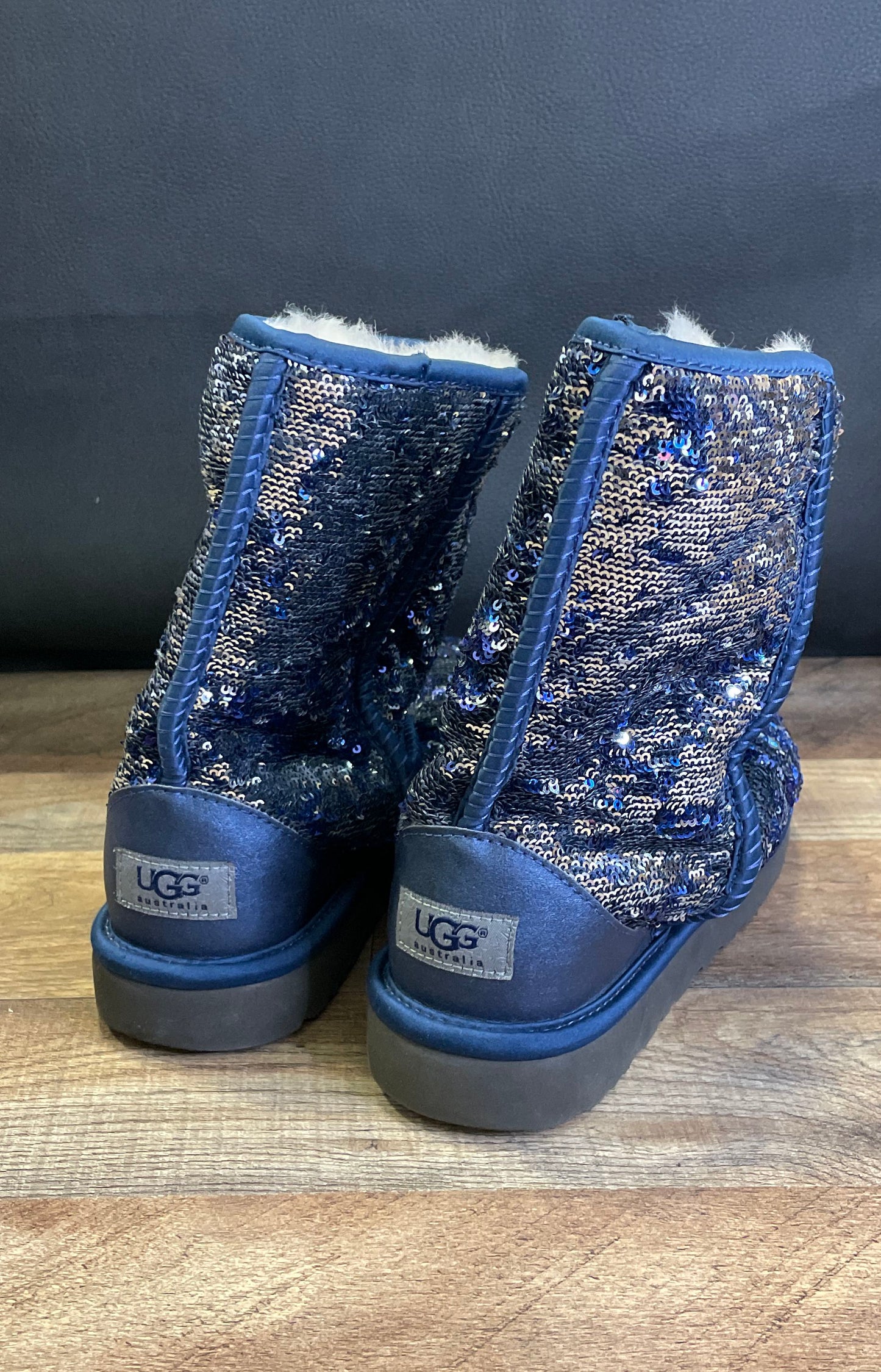 UGG Australia Classic Short Sparkles Blue Sequin Boots Women's Size 8