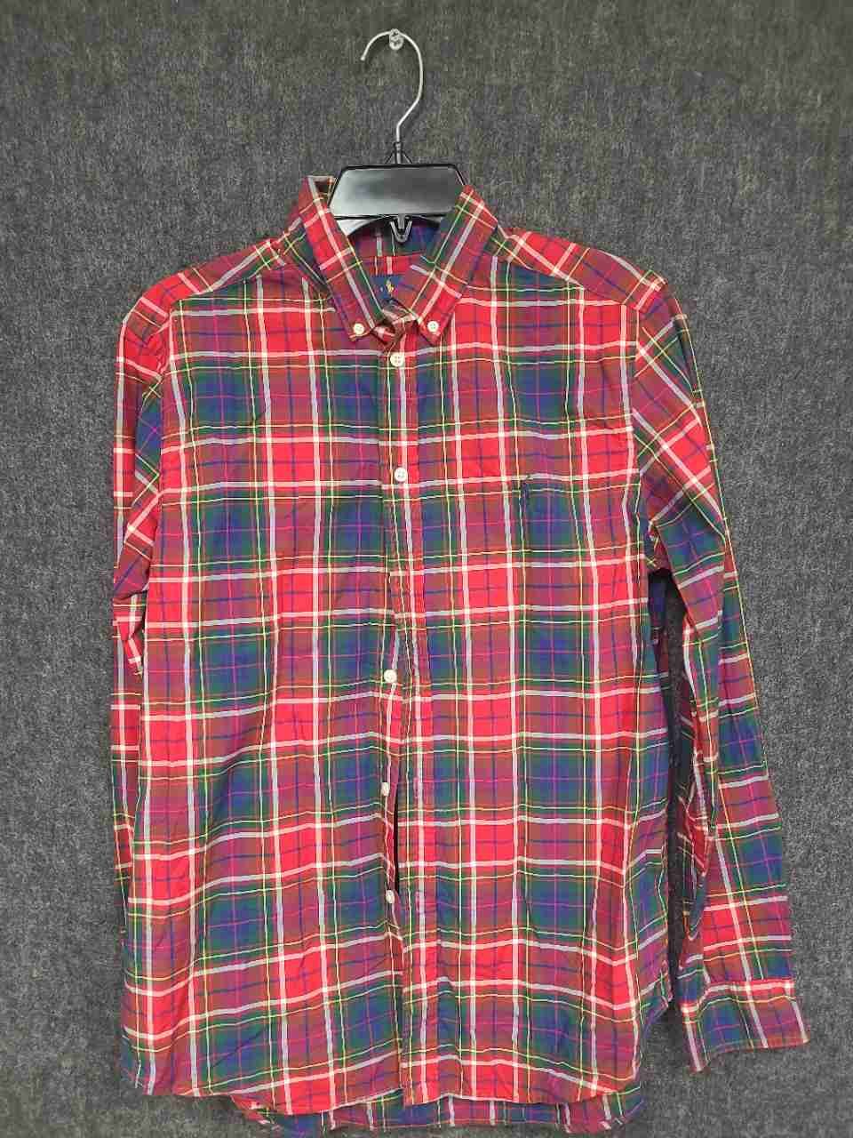 Ralph Lauren Boys Red Multi Plaid Button Down Shirt Natural Stretch Sz XL 18-20