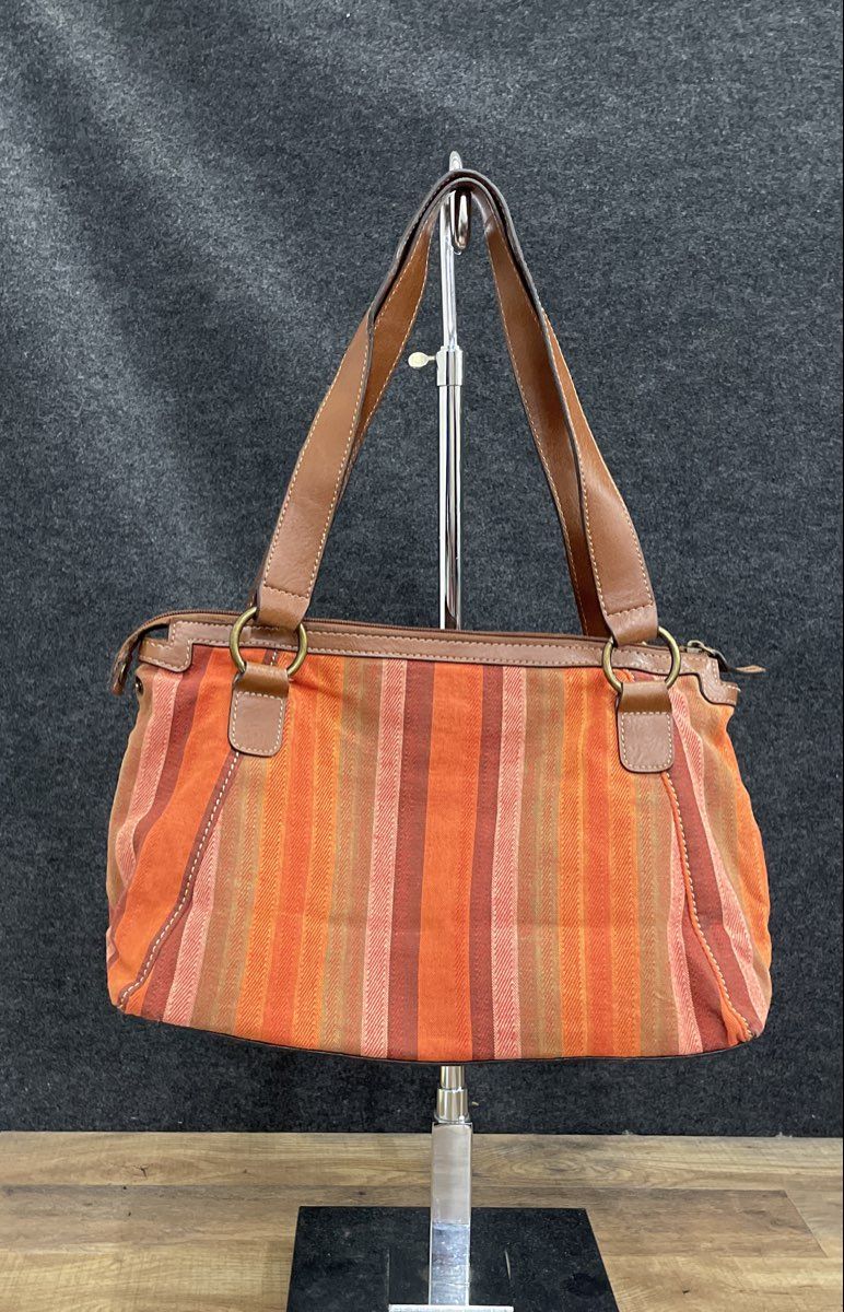 Kim Rogers Orange Striped Canvas Faux Leather Shoulder Bag Brass Hardware