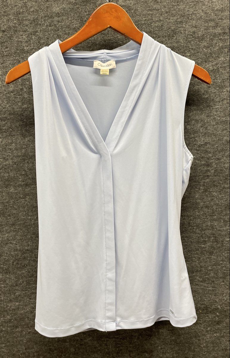 Calvin Klein Women's Light Blue Sleeveless V-Neck Pleated Blouse Size M
