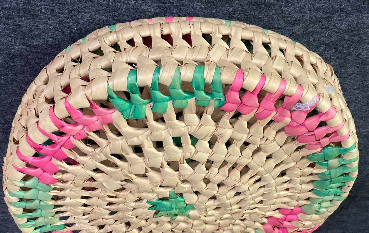 Vintage Woven Reed Round Tote Bag Pink Green Circle Straw Market Basket Purse