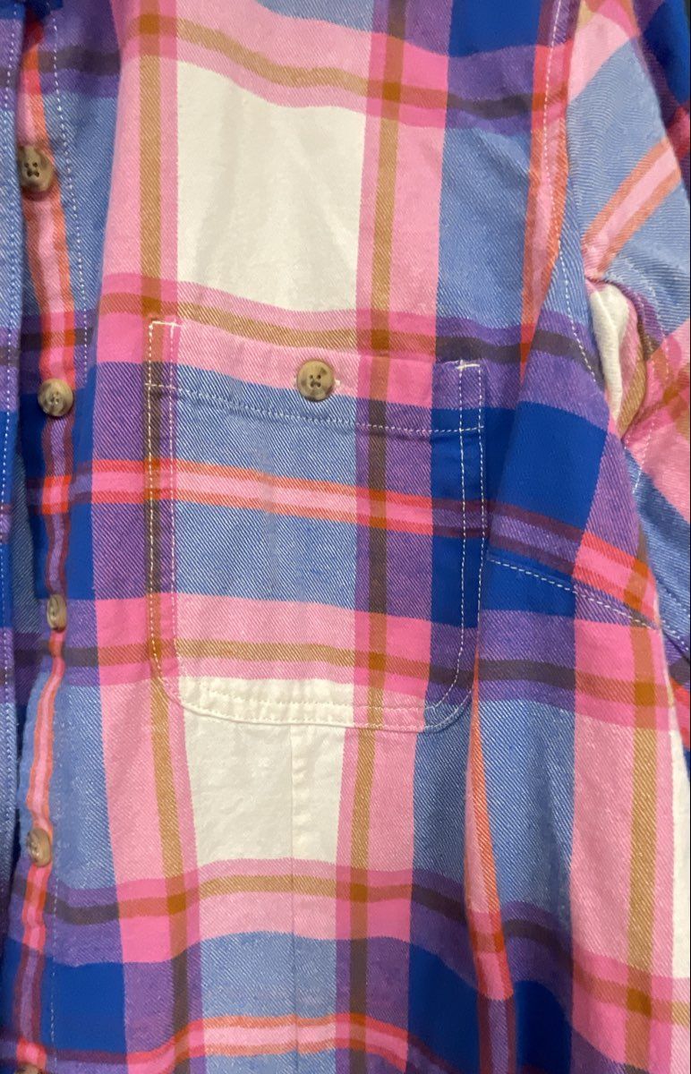 Duluth Trading Co. Women's Pink Blue Plaid Free Swingin' Flannel Shirt Sz L