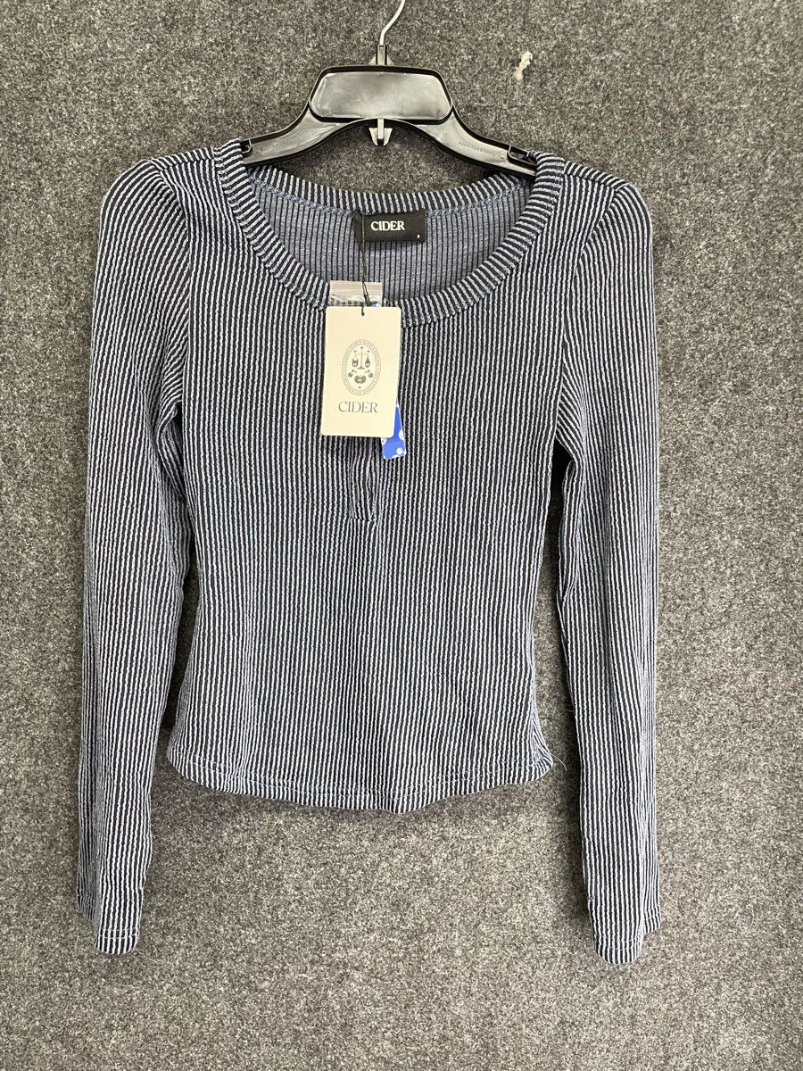 Cider Women's Navy Blue White Striped Ribbed Long Sleeve Top Sz S NWT