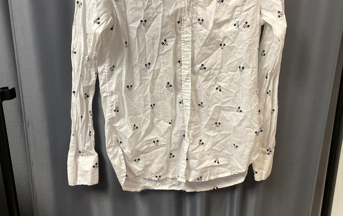 H&M L.O.G.G. Women's Mickey Mouse Pattern Button Down Shirt White Sz 4