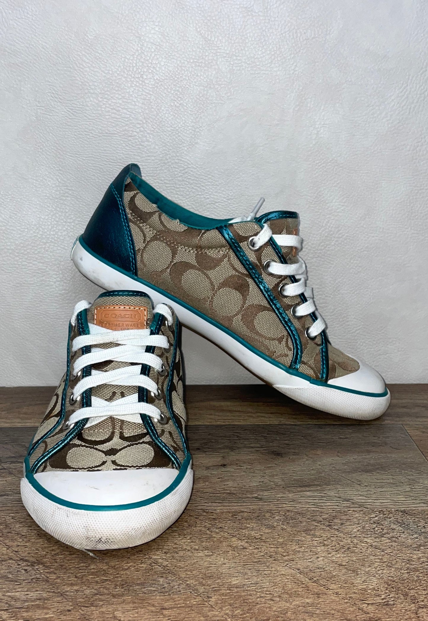 Coach Barrett Signature Khaki Teal Women's Low Top Sneakers Size 8B