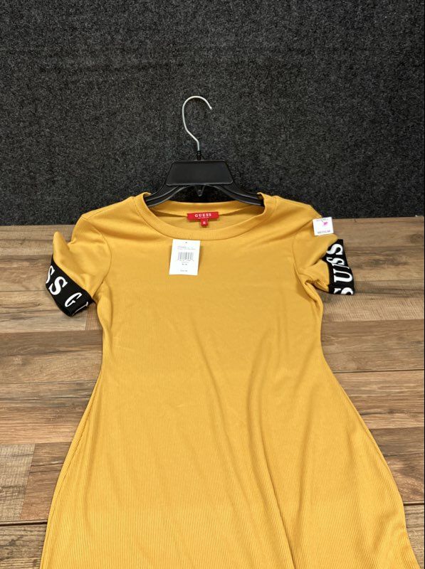 Guess Women's Ribbed Short Sleeve Mini Dress Yellow Logo Trim NWT Sz M