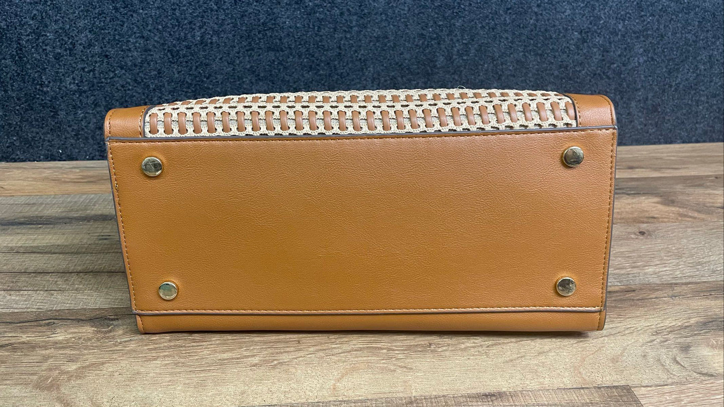 INC International Concepts Tan Caitlinn Woven Tote Handbag Gold Hardware NWT