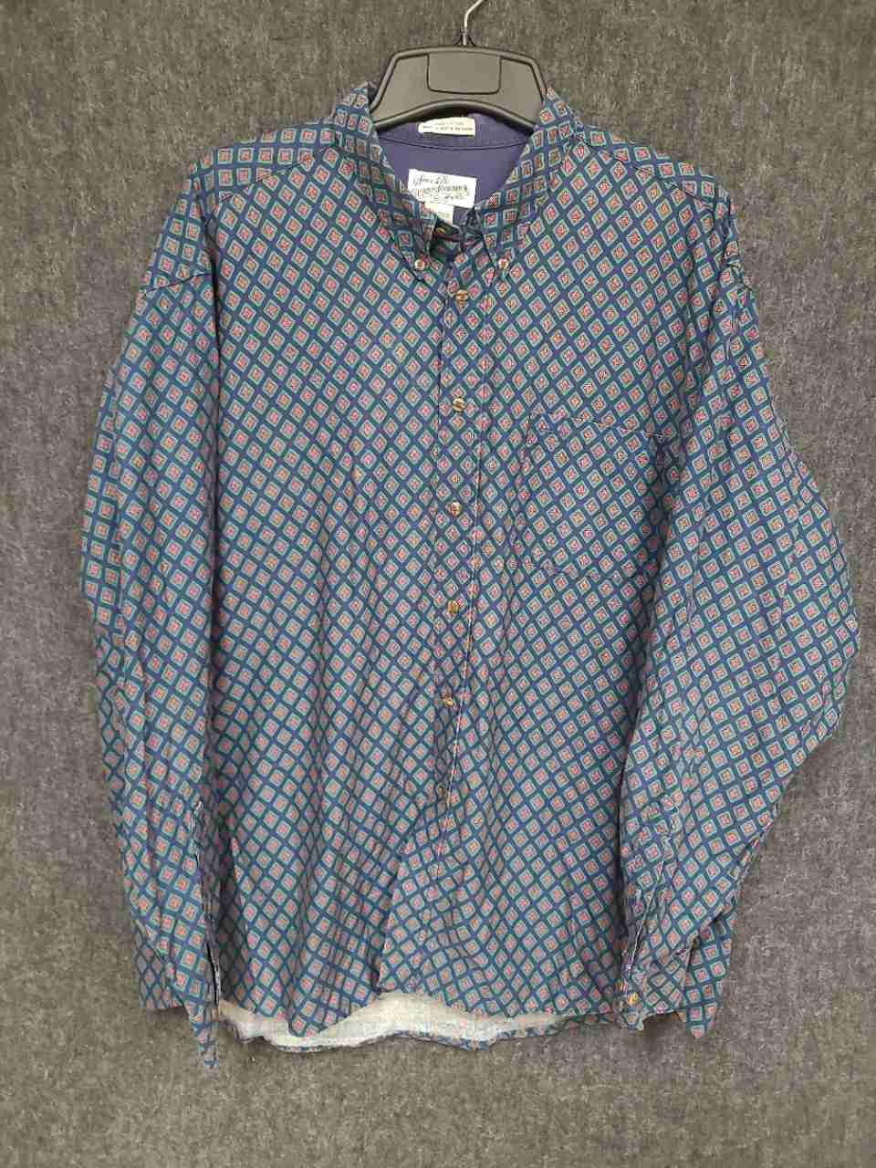 Vintage 90s Sears Roebuck Men's Blue Geometric Diamond Print Cotton Shirt 2XL