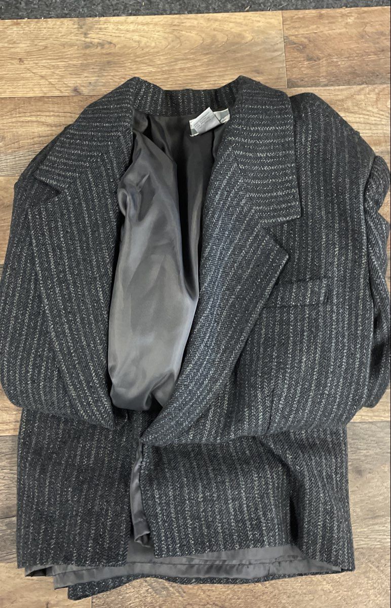 Glenbrooke Women's Gray Pinstripe Wool Blend Blazer Skirt Set Vintage 90s Sz 12