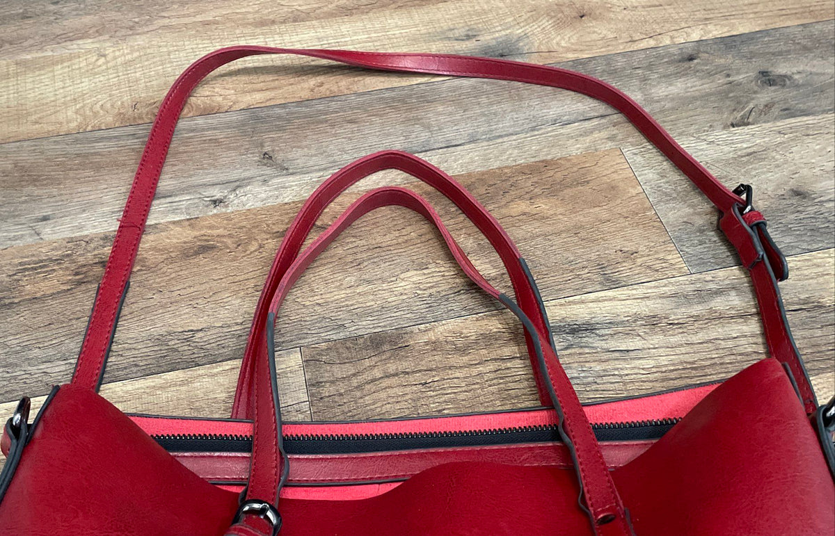 Red Leather Tote Bag Large Double Handle Removable Crossbody Strap