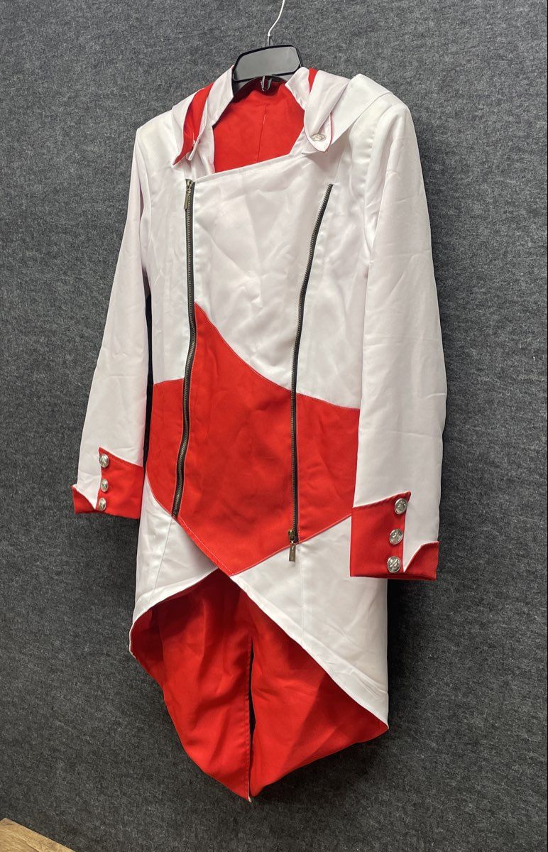 White Red Asymmetrical Zip Hooded Cosplay Tailcoat Jacket Silver Crest Buttons