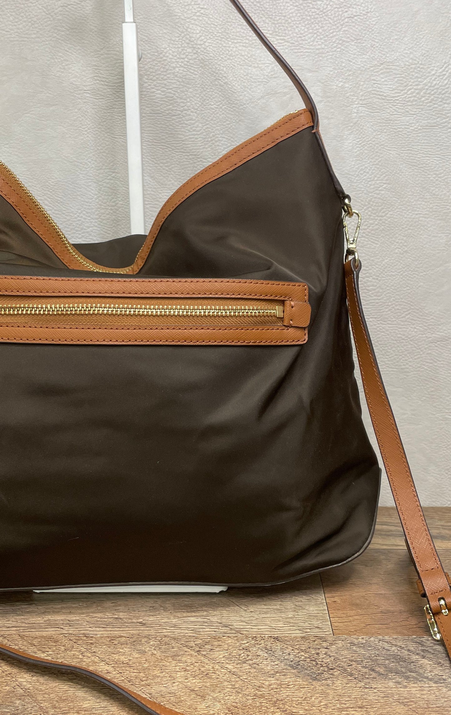 Michael Kors Brown Nylon Saffiano Leather Trim Hobo Shoulder Bag Gold Hardware