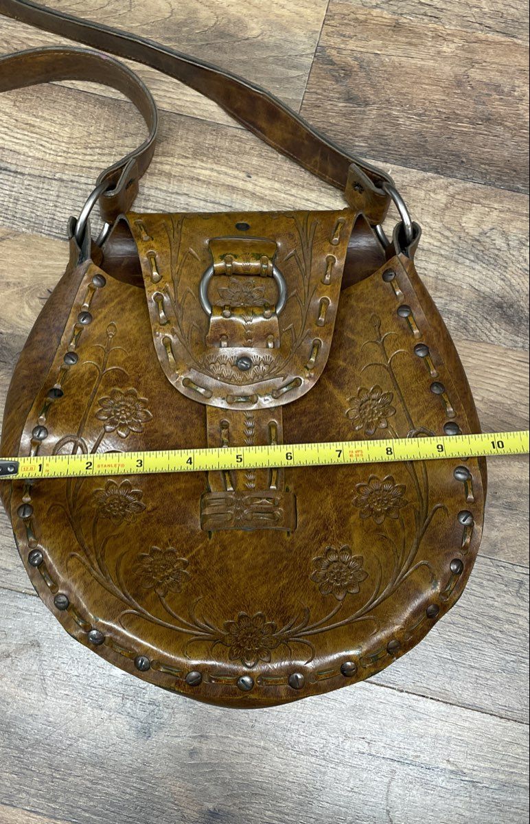 Vintage 1970s Brown Tooled Leather Floral Handmade Shoulder Bag