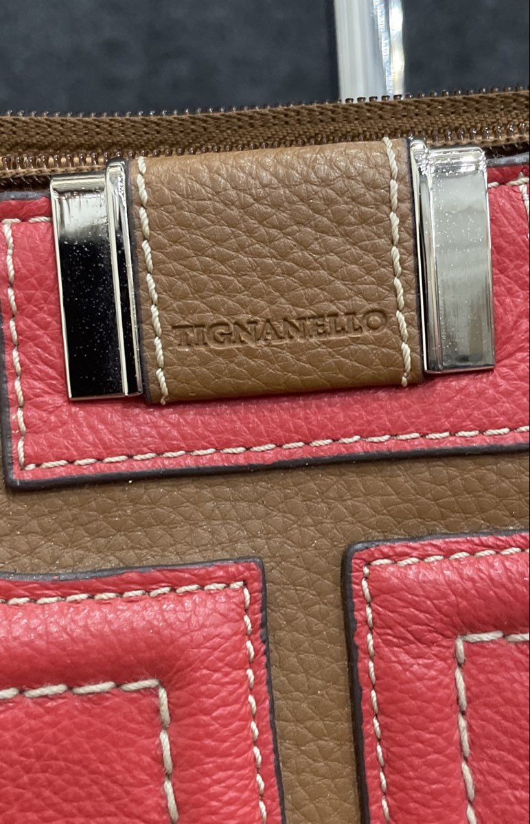 Tignanello Red Brown Pebbled Leather Shoulder Bag Tote Silver Hardware