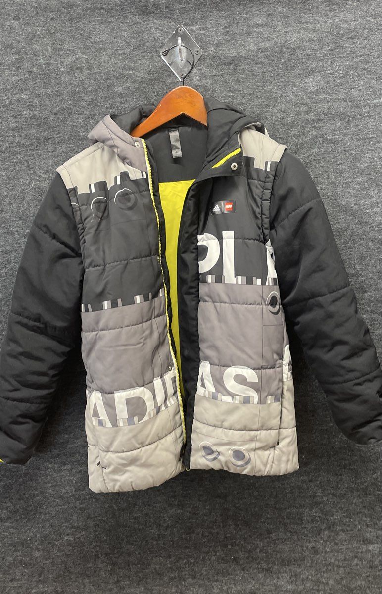 Adidas x LEGO Youth Graphic Puffer Jacket Black Grey Hooded Padded Size M