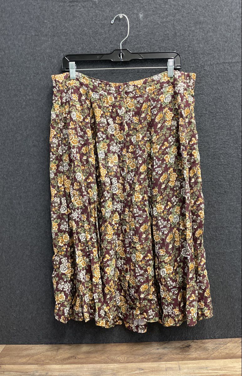 Vintage 90s Kathryn Deene Women's Burgundy Floral Button Rayon Skirt Sz 18/20