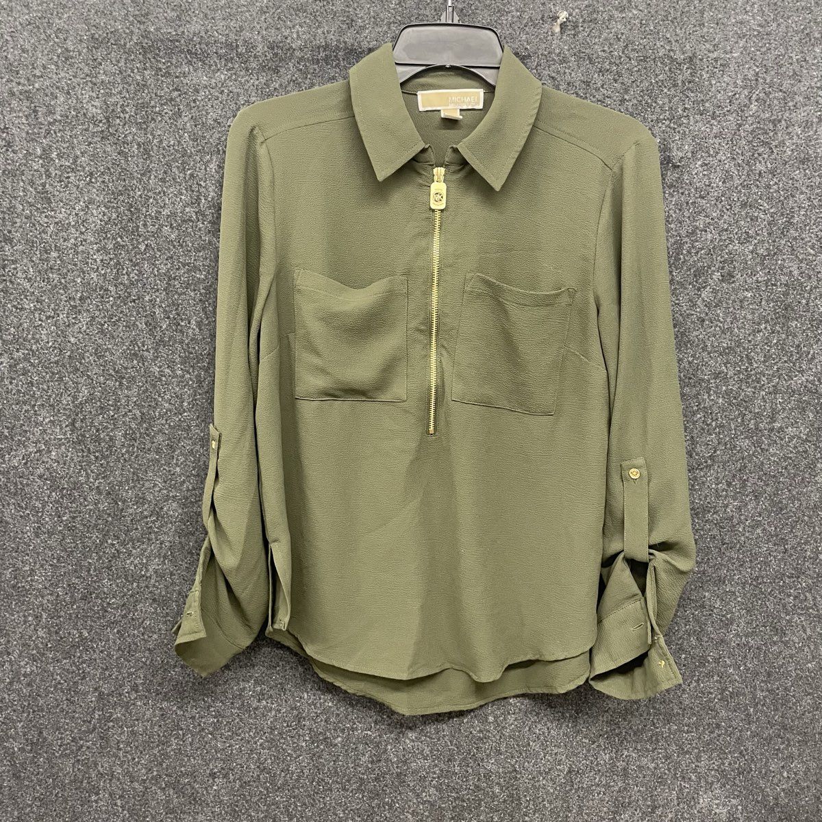 Michael Kors Women's Olive Green Crepe Half Zip Roll Tab Sleeve Blouse Size S