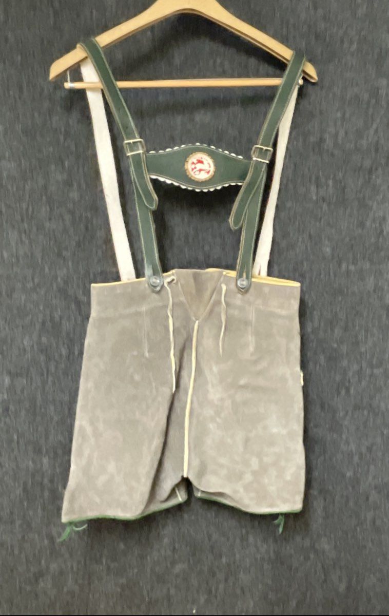 Vintage Authentic Boys Gray Suede Lederhosen with Green Trim Suspenders Sz 12