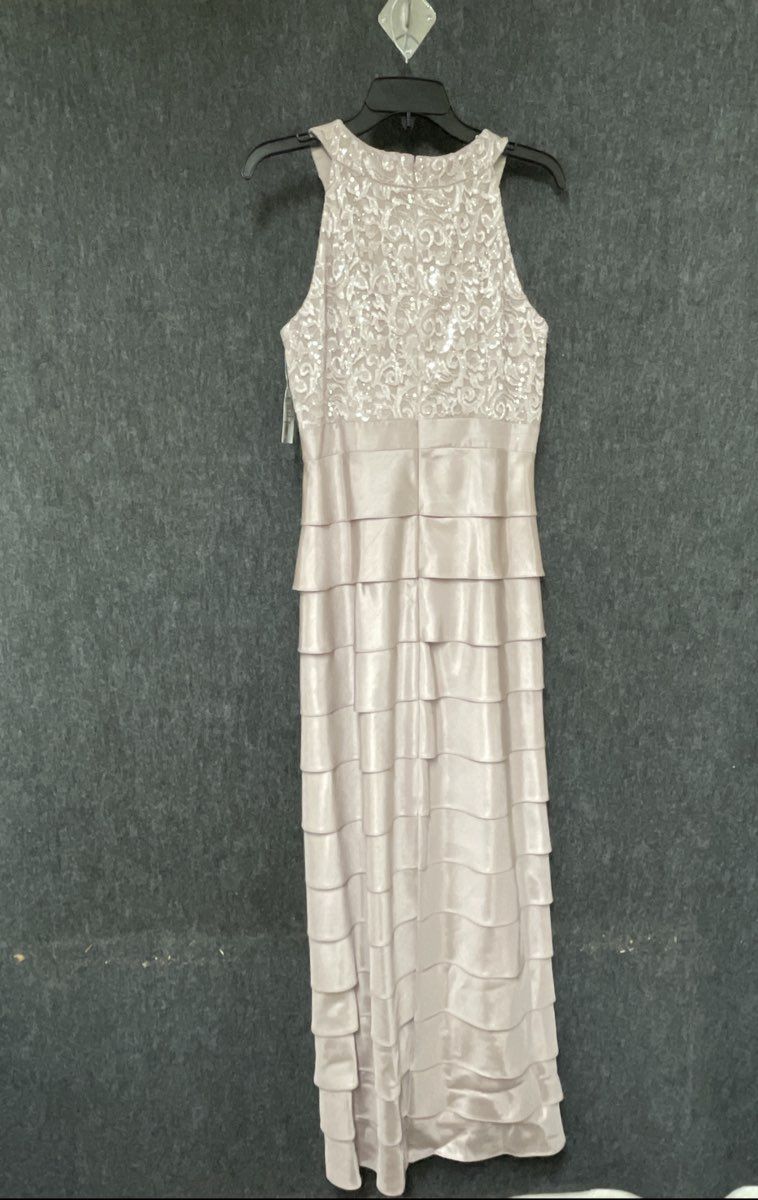 Jessica Howard Womens Cocktail Dress Champagne Sequin Lace Tiered Sheath Sz 10